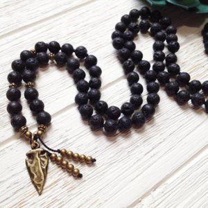 Black Lava Mala Beads Necklace 8mm with Copper Arrowhead Pendant (Brand new)